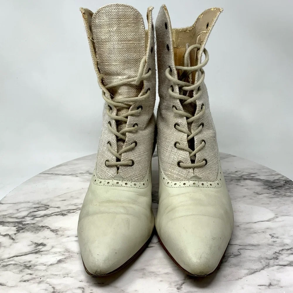 VTG Nine West Lace Up Two Tone Pointed Toe Boots 7.5 Victorian Edwardian Cosplay - Picture 4 of 16